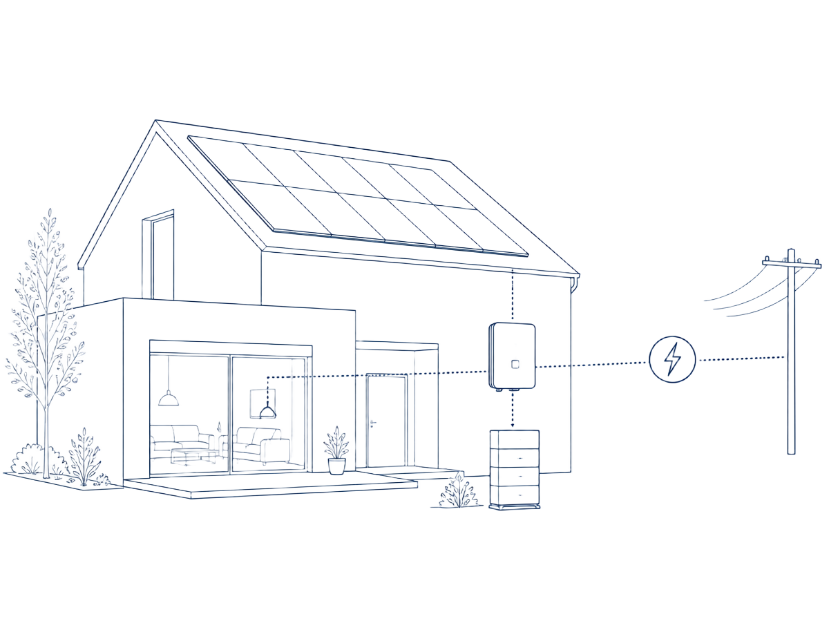 Schéma d'une maison équipée de panneaux solaires, d'un micro-onduleur et d'un système de stockage